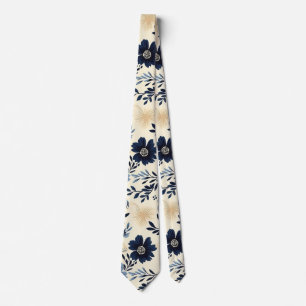 Navy Blue And Cream Folk Art Floral Garden Tie