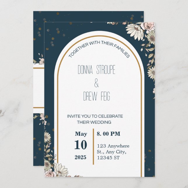 Navy Blue and Cream Illustrated Flowers Wedding  Invitation (Front/Back)