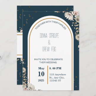 Navy Blue and Cream Illustrated Flowers Wedding  Invitation