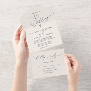Navy Blue and Cream Minimalist Wedding All In One Invitation