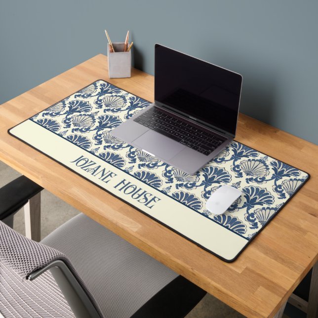 Navy Blue and Cream Seashell Pattern  Desk Mat (Office 2)