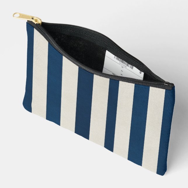  Navy Blue and Cream Vertical Stripe Seamless  Accessory Pouch (Open)