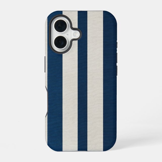  Navy Blue and Cream Vertical Stripe Seamless  iPhone 16 Case (Back)