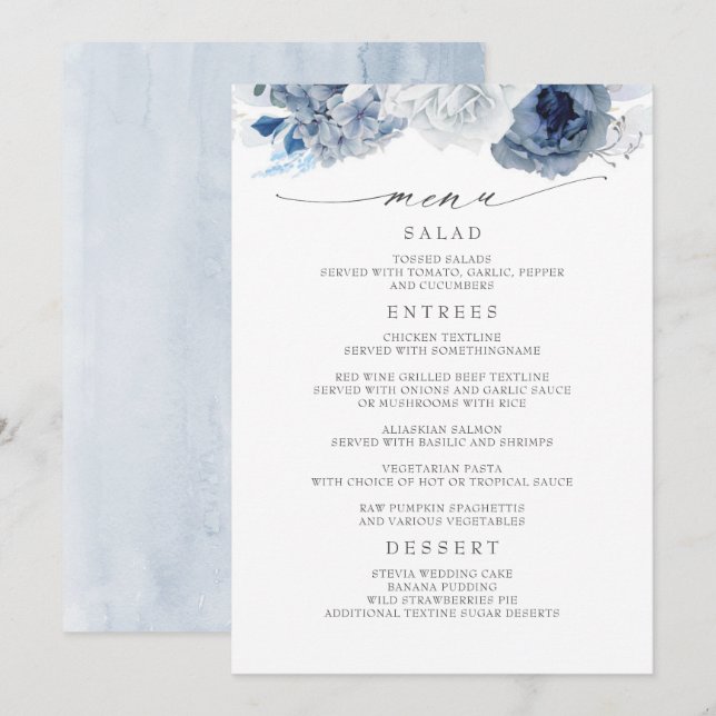 Navy Blue and Dusty Blue Floral Wedding Menu (Front/Back)