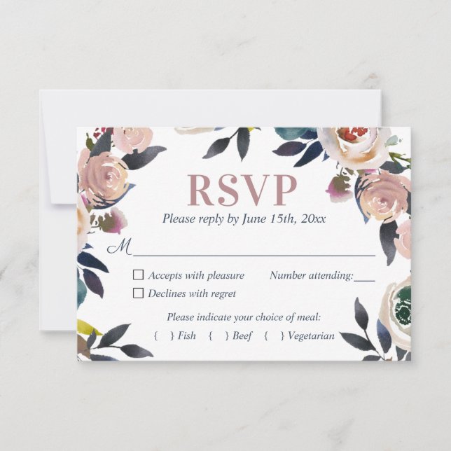 Navy Blue and Dusty Pink Floral Elegant Wedding RSVP Card (Front)