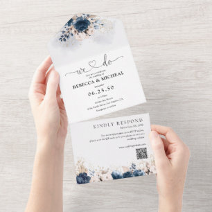 Navy Blue and Dusty Rose All in One Wedding Invite
