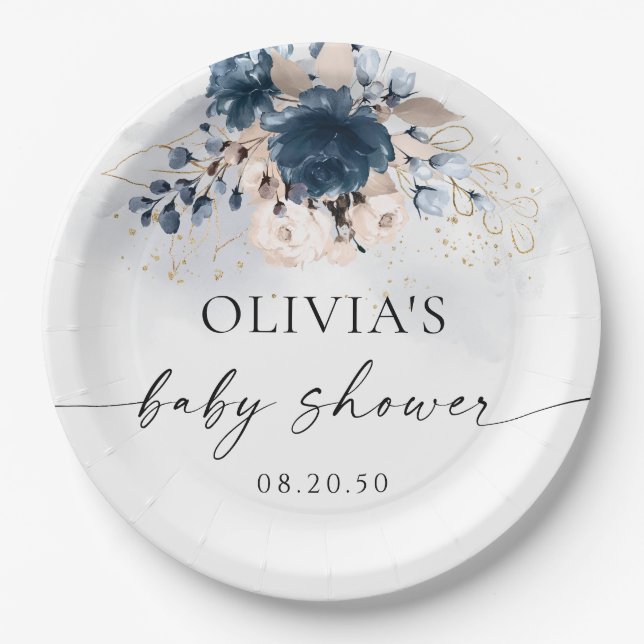 Navy Blue and Dusty Rose Baby Shower Paper Plate (Front)