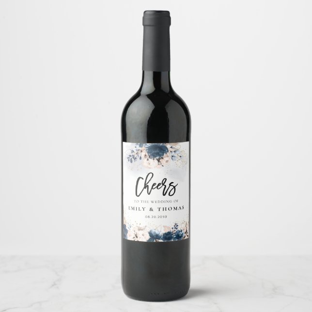 Navy Blue and Dusty Rose Wedding Wine Label (Front)