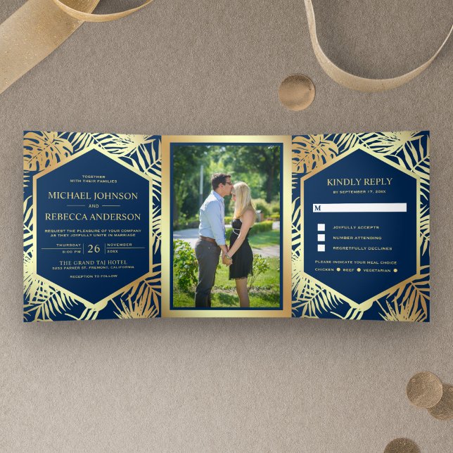 Navy Blue and Faux Gold Foil Tropical Palm Wedding Tri-Fold Invitation (Creator Uploaded)