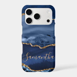 Navy Blue and Faux Gold Glitter Marble Agate