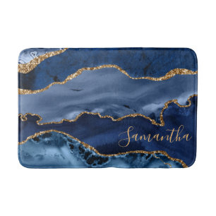 Navy Blue and Faux Gold Glitter Marble Agate Bath Mat