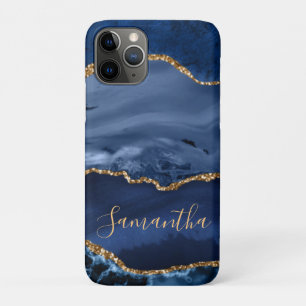 Navy Blue and Faux Gold Glitter Marble Agate iPhone 11 Pro Case