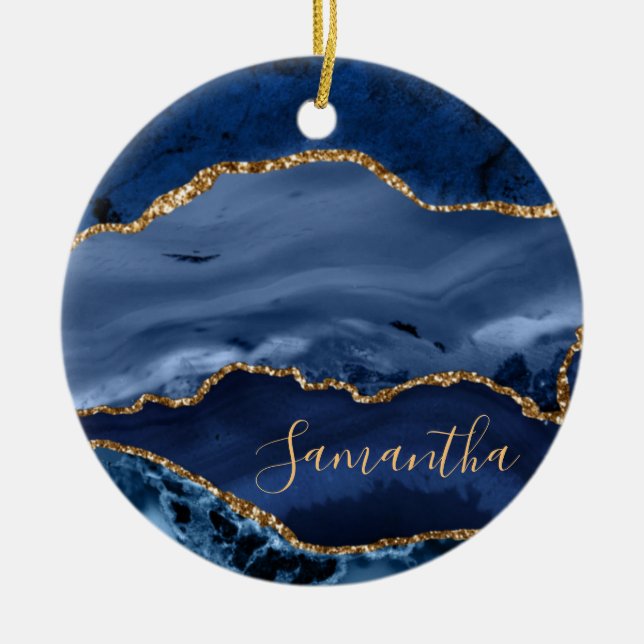 Navy Blue and Faux Gold Glitter Marble Agate Ceramic Ornament (Front)