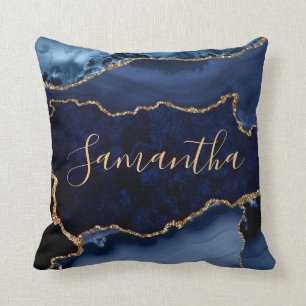 Navy Blue and Faux Gold Glitter Marble Agate Cushion