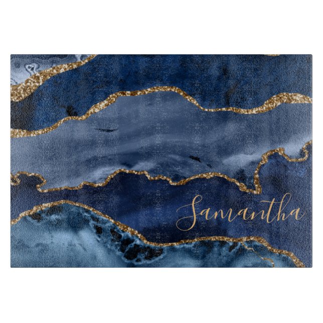 Navy Blue and Faux Gold Glitter Marble Agate Cutting Board (Front)