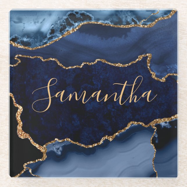 Navy Blue and Faux Gold Glitter Marble Agate Glass Coaster (Front)