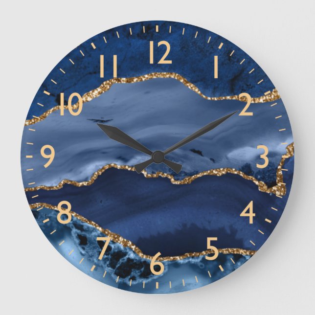 Navy Blue and Faux Gold Glitter Marble Agate Large Clock (Front)