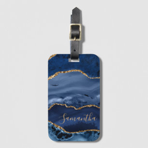 Navy Blue and Faux Gold Glitter Marble Agate Luggage Tag