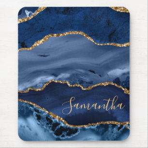 Navy Blue and Faux Gold Glitter Marble Agate Mouse Pad