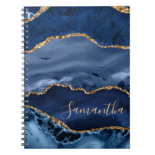 Navy Blue and Faux Gold Glitter Marble Agate Notebook