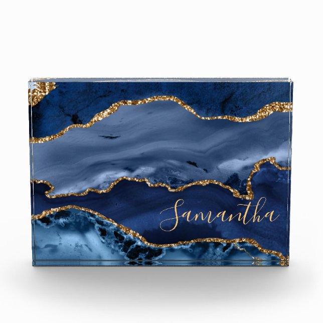 Navy Blue and Faux Gold Glitter Marble Agate Photo Block (Front)