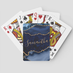 Navy Blue and Faux Gold Glitter Marble Agate Playing Cards