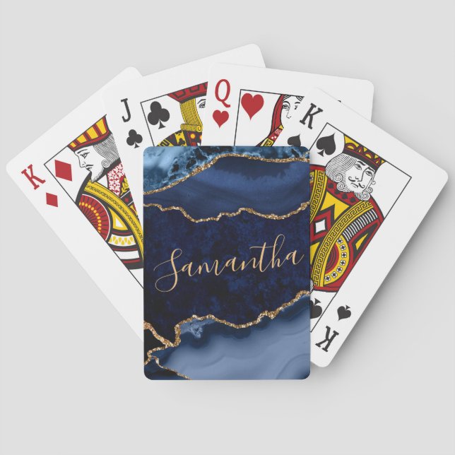 Navy Blue and Faux Gold Glitter Marble Agate Playing Cards (Back)
