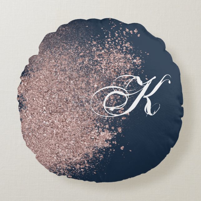 Navy Blue and Faux Rose Gold Glitter Monogram Round Cushion (Front)