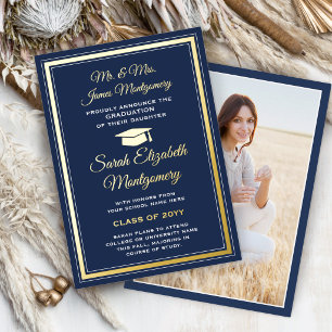 Navy Blue and Foil Photo Graduation Announcement