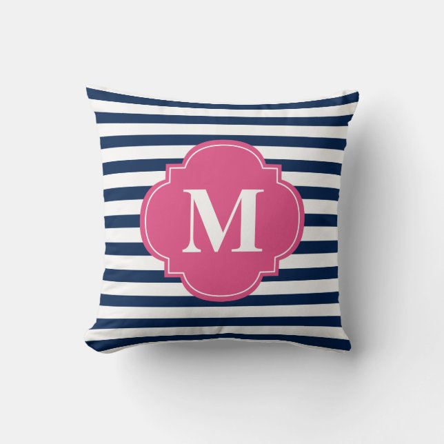 Navy Blue and Fuchsia Stripes Monogram Cushion (Front)