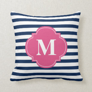 Navy Blue and Fuchsia Stripes Monogram Cushion