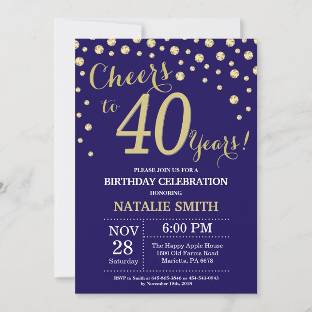 Navy Blue and Gold 40th Birthday Diamond Invitation (Front)