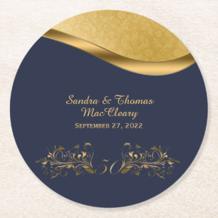Navy Blue and Gold 50th Anniversary Custom Round Paper Coaster
