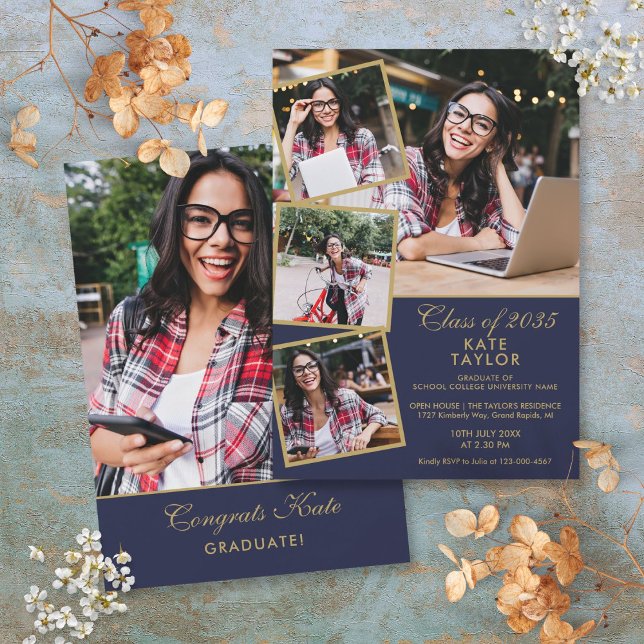 Navy Blue And Gold 5 Photo Graduation Party Invitation (Navy Blue And Gold 5 Photo Graduation Party Invitation)