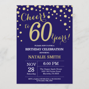 Navy Blue and Gold 60th Birthday Diamond Invitation
