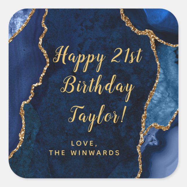 Navy Blue and Gold Agate Happy Birthday Square Sticker (Front)