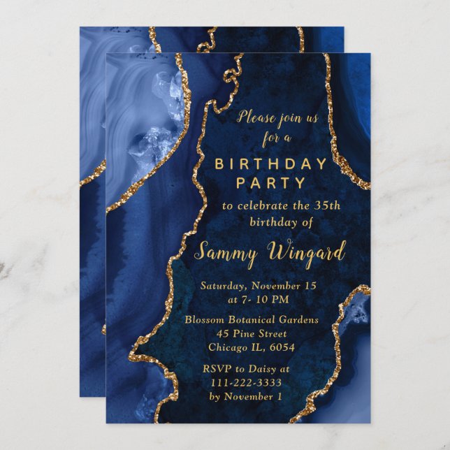 Navy Blue and Gold Agate Marble Birthday Party Invitation (Front/Back)
