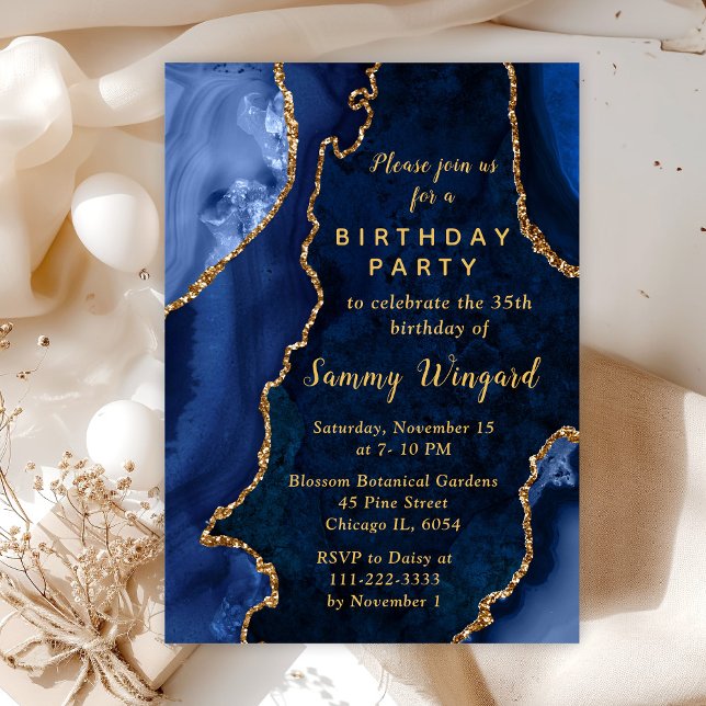 Navy Blue and Gold Agate Marble Birthday Party Invitation (Creator Uploaded)