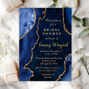 Navy Blue and Gold Agate Marble Bridal Shower Invitation