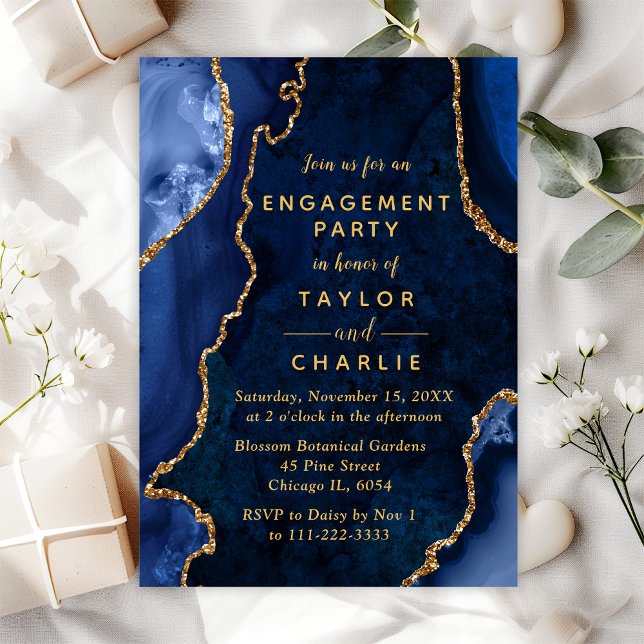Navy Blue and Gold Agate Marble Engagement Party Invitation (Creator Uploaded)