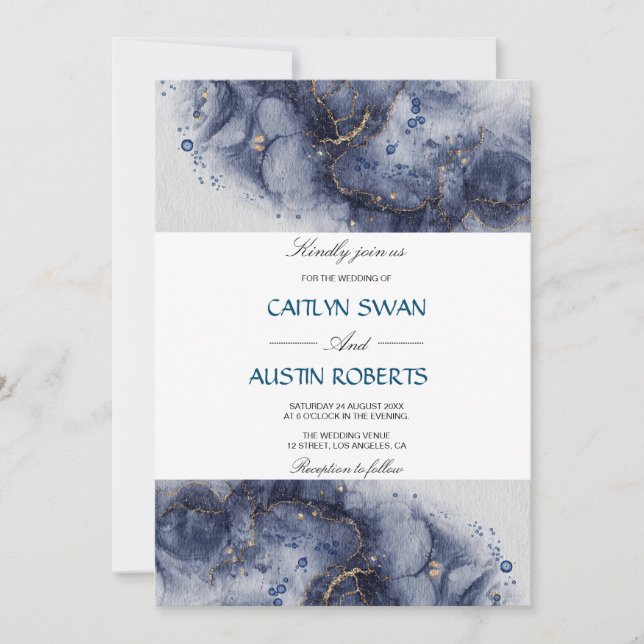 Navy Blue and Gold Agate Marble Invitation (Front)