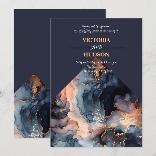 Navy Blue and Gold Agate Marble Invitation (Front/Back)