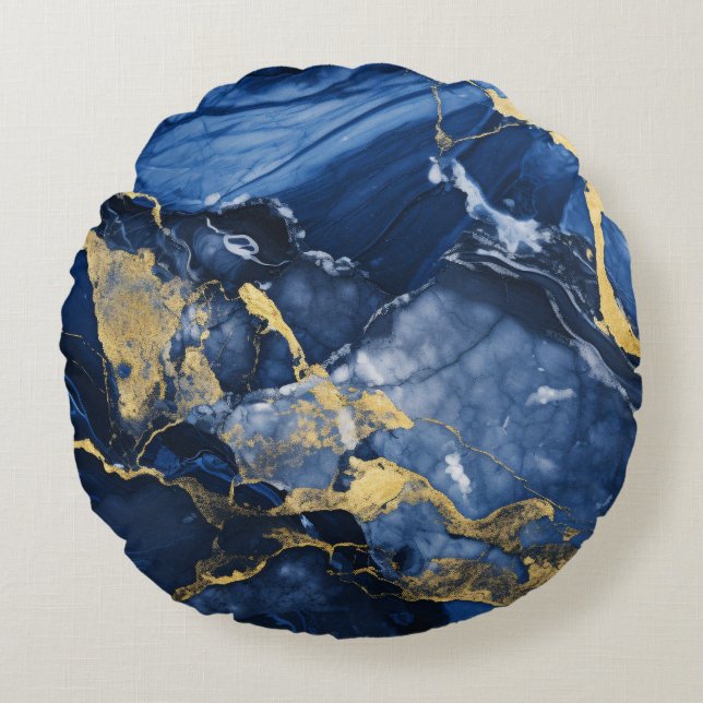 Navy Blue and Gold Agate Marble Round Cushion (Front)