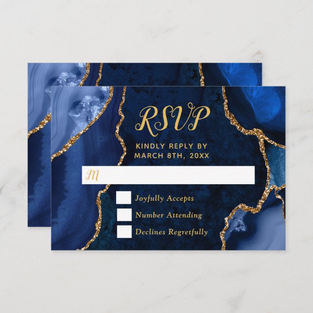 Navy Blue and Gold Agate Marble RSVP Card (Front/Back)