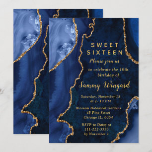 Navy Blue and Gold Agate Marble Sweet Sixteen Invitation