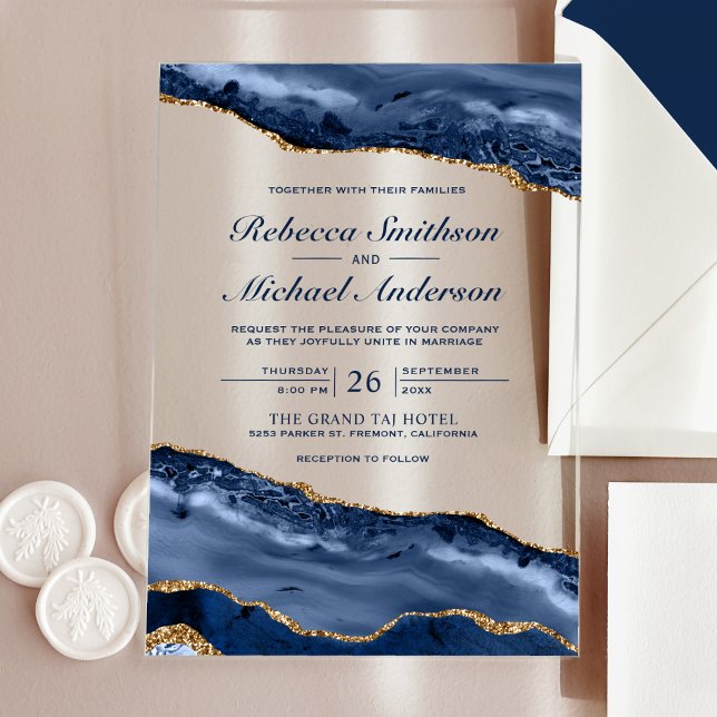 Navy Blue and Gold Agate Marble Wedding Acrylic Invitations (Creator Uploaded)