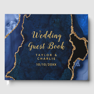 Navy Blue and Gold Agate Marble Wedding Guest Book