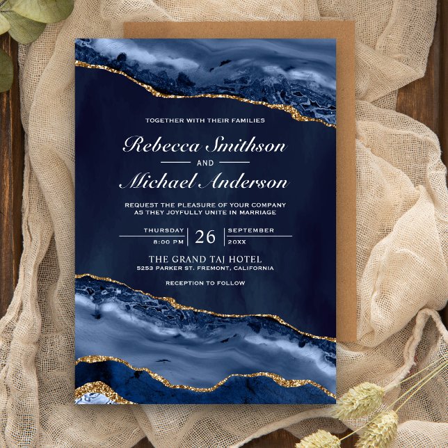 Navy Blue and Gold Agate Marble Wedding Invitation (Creator Uploaded)