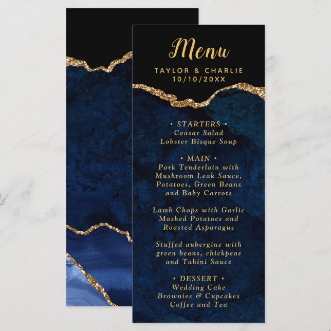 Navy Blue and Gold Agate Marble Wedding Menu (Front/Back)