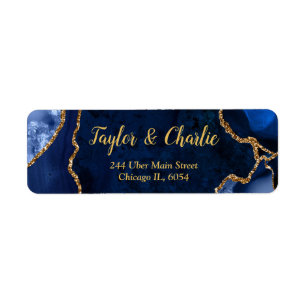 Navy Blue and Gold Agate Marble Wedding Return Address Label